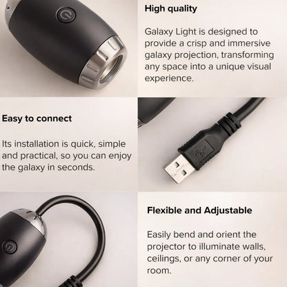 Black galaxy light projector with power button and USB cable connector
