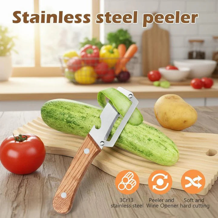 Stainless-steel vegetable peeler with wooden handle, resting on a wooden cutting board