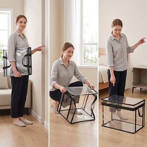 Transparent storage box with black frame and handles, shown being carried