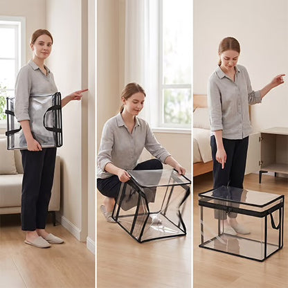 Transparent storage box with black frame and handles, shown being carried