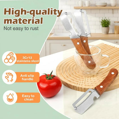Vegetable peeler with two stainless-steel blades and wooden handle on a cutting board