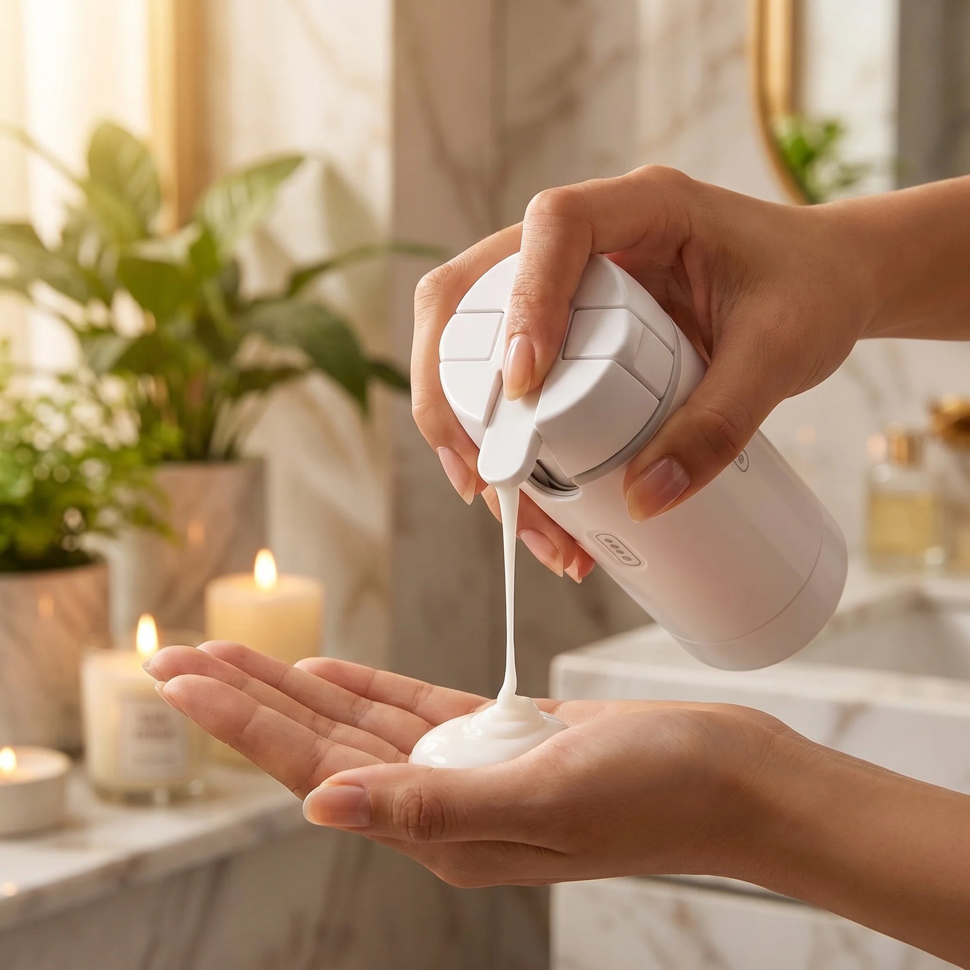 White 4-in-1 dispenser pouring liquid into a person’s cupped hands