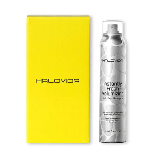 Halovida volumizing hair dry shampoo bottle with yellow carton