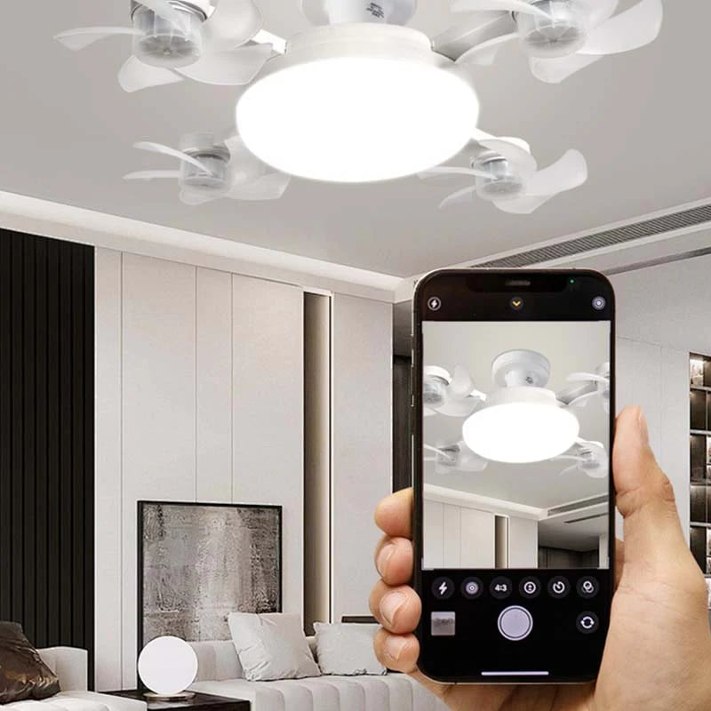 E27 LED ceiling fan light with white blades and remote phone showing fan controls
