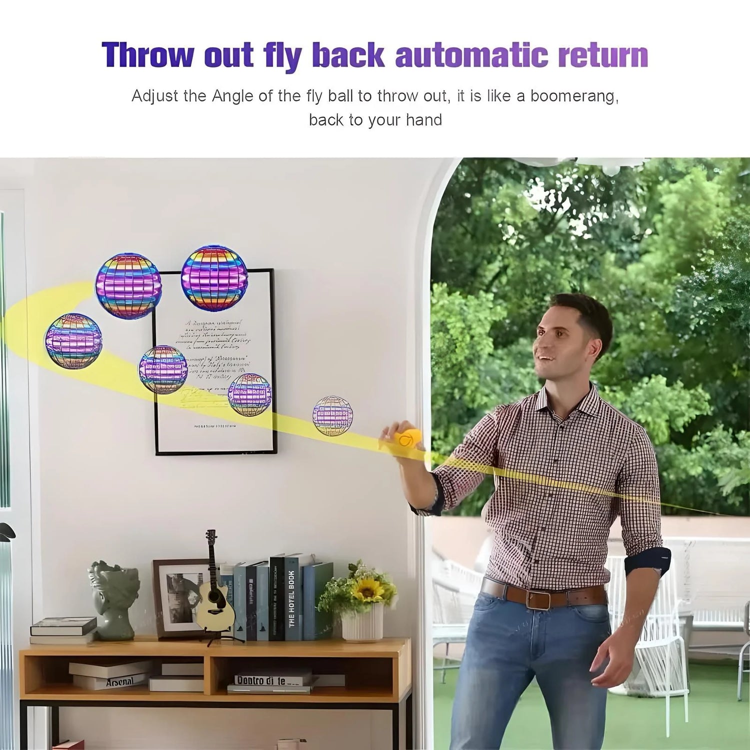 LED flying orb drone tossed upward by a person’s hand indoors, glowing rainbow lights