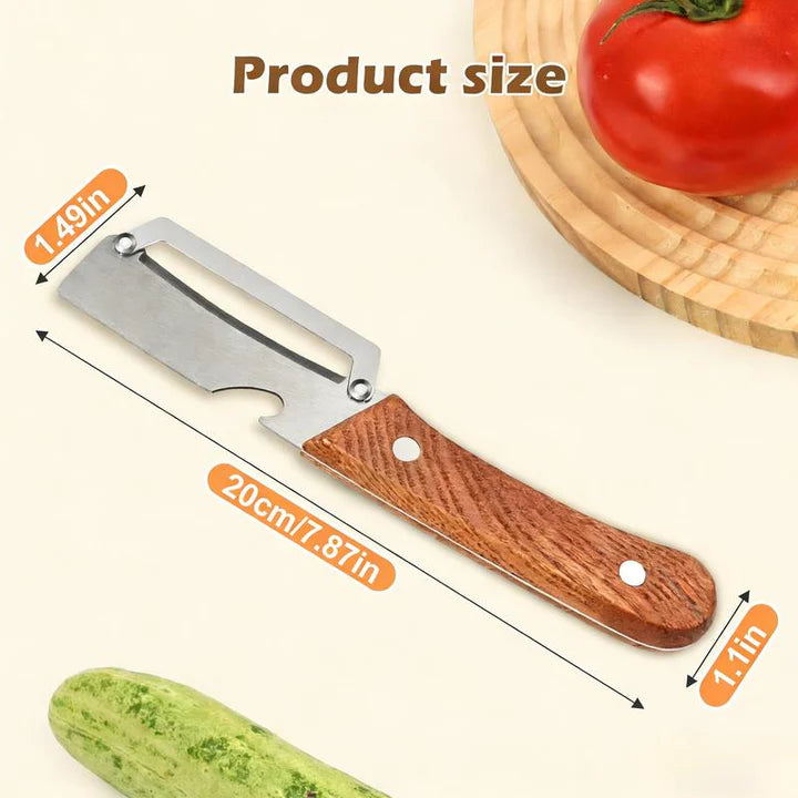 Vegetable peeler with stainless-steel blade and wooden handle, product size shown