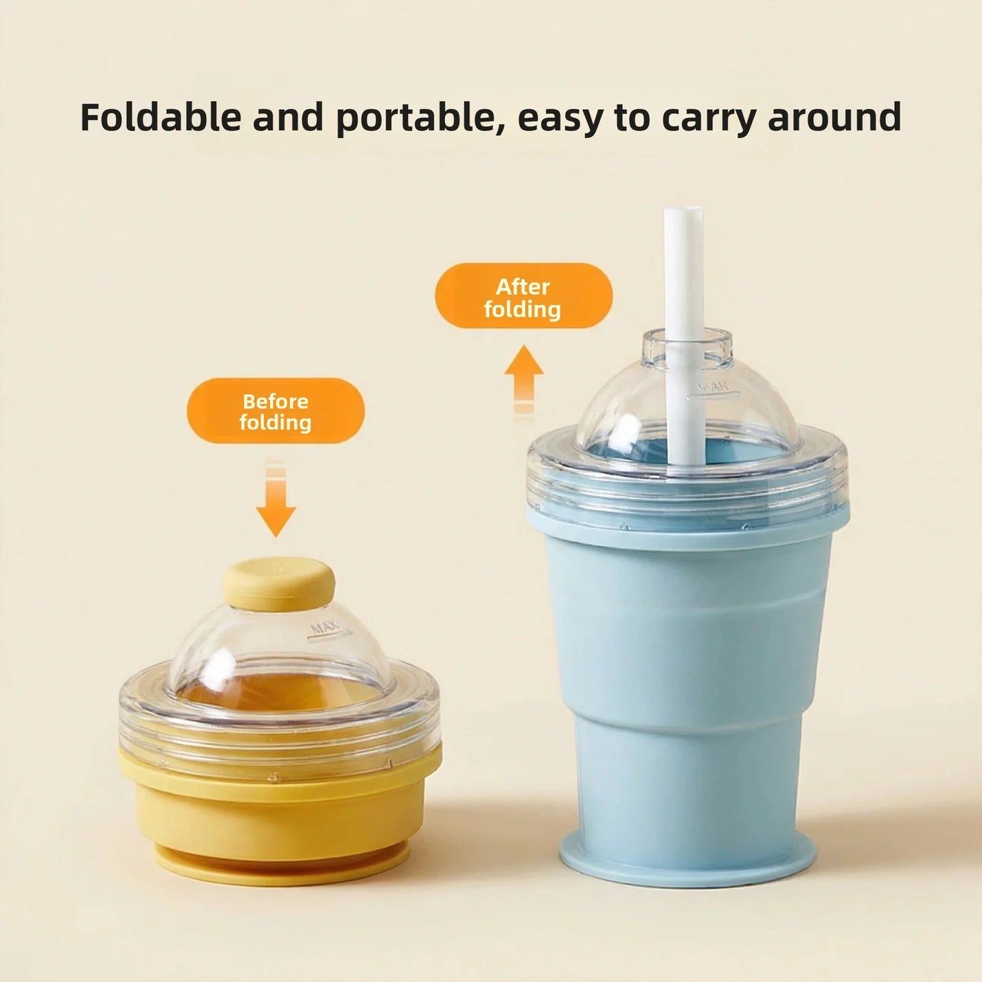 Collapsible silicone cups in blue and yellow, shown folded and unfolded