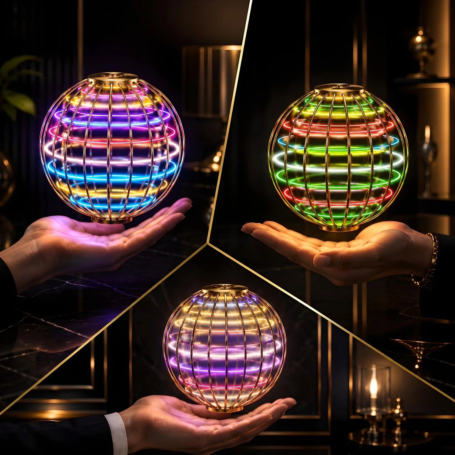 Colorful LED orb drone glowing in hands, showing multiple lighting color variants