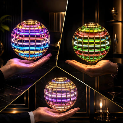 Colorful LED orb drone glowing in hands, showing multiple lighting color variants