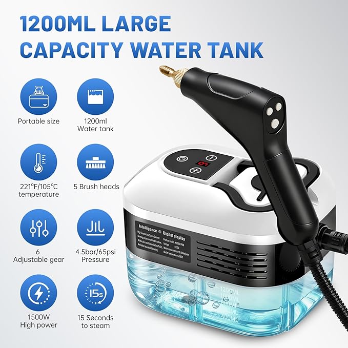 Handheld steam cleaner unit with white water tank and black steam gun
