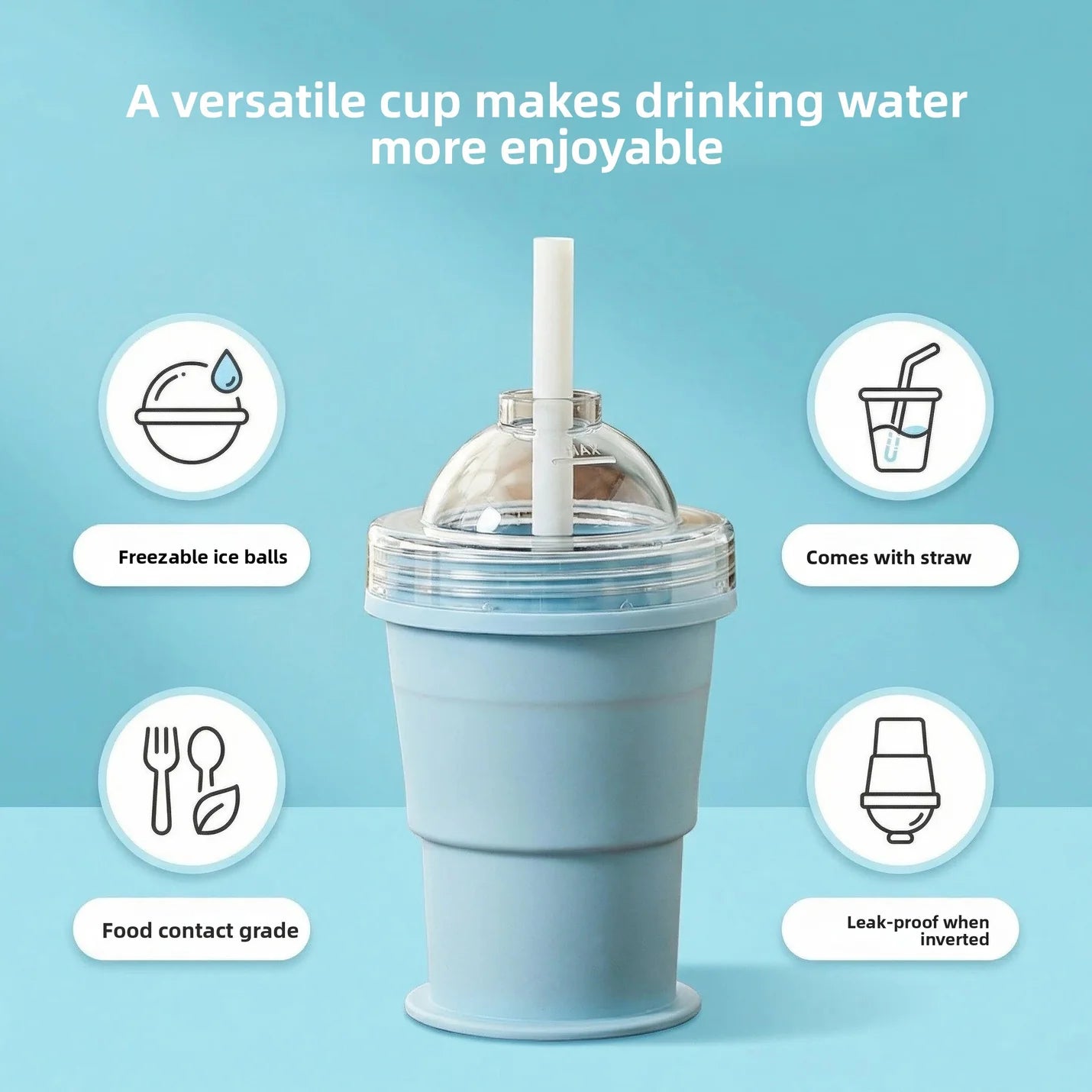Light-blue silicone ice cup with clear dome lid and straw
