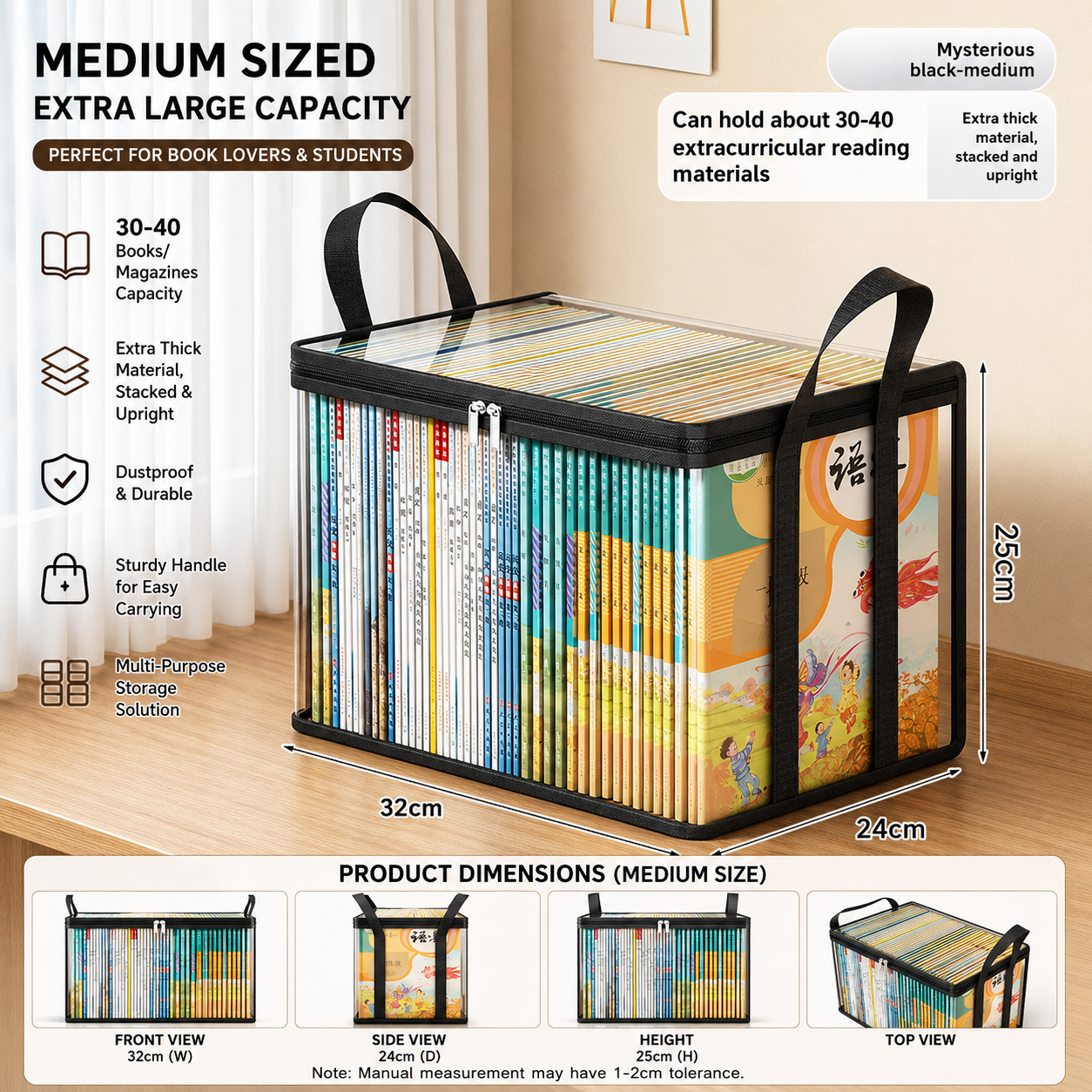 Black foldable transparent storage box with handles, holding books; medium size view