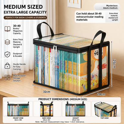 Black foldable transparent storage box with handles, holding books; medium size view