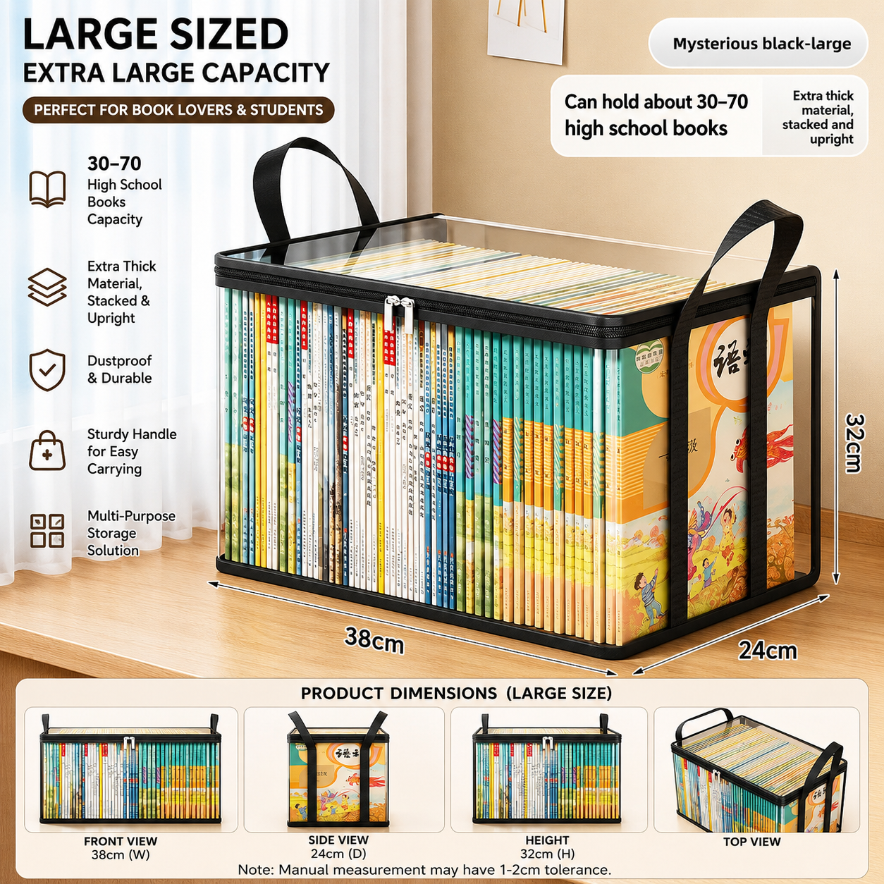 Black foldable transparent storage box with handles, holding books; large size view
