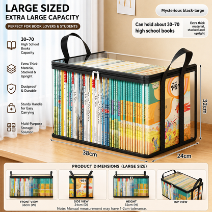 Black foldable transparent storage box with handles, holding books; large size view