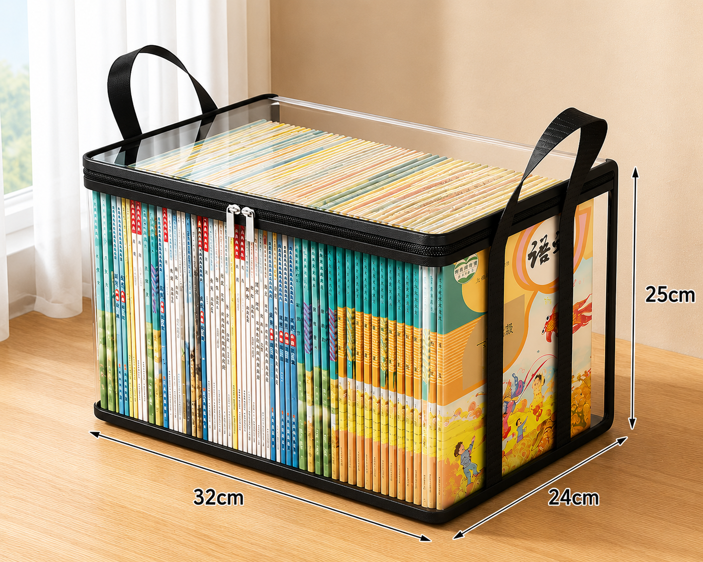Black foldable transparent storage box with two handles and clear top, books inside