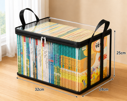 Black foldable transparent storage box with two handles and clear top, books inside