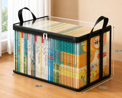 Black foldable transparent storage box with clear lid and side panels, books inside
