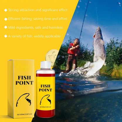 Fish Point bottle and box with angler catching fish, fish attractant liquid