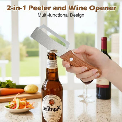 2-in-1 vegetable peeler with stainless-steel blade and wooden handle held near bottles