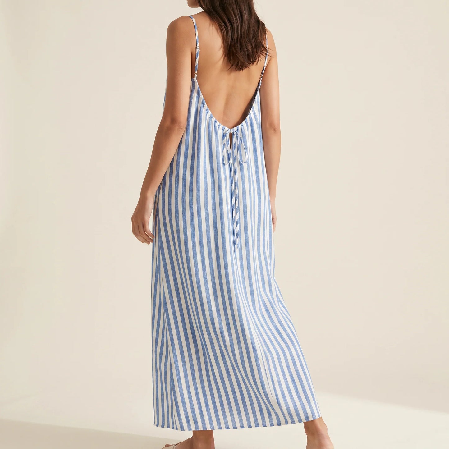 Blue striped maxi dress, low backless back, spaghetti straps