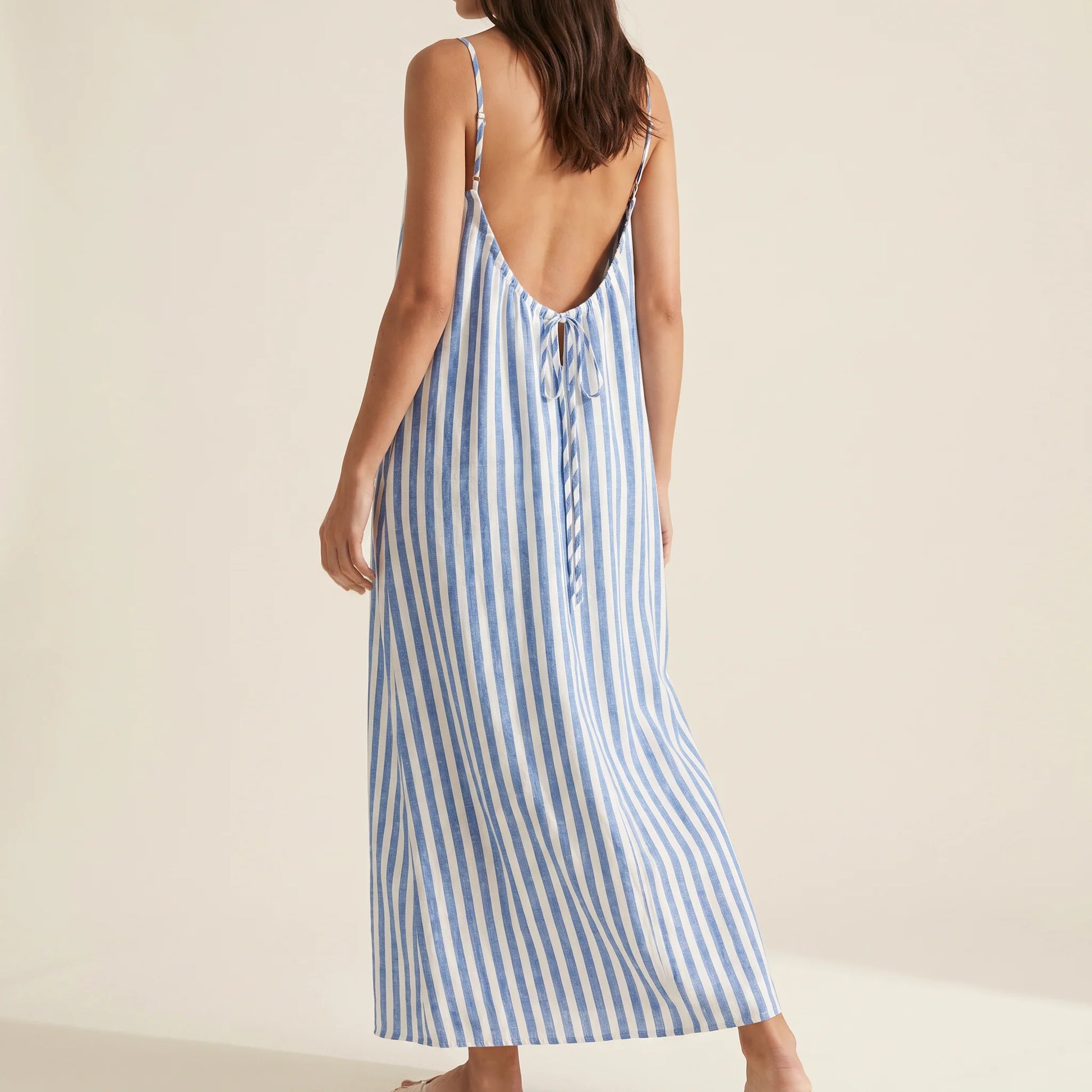 Blue striped maxi dress, low backless back, spaghetti straps