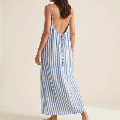 Blue striped maxi dress, low backless back, spaghetti straps
