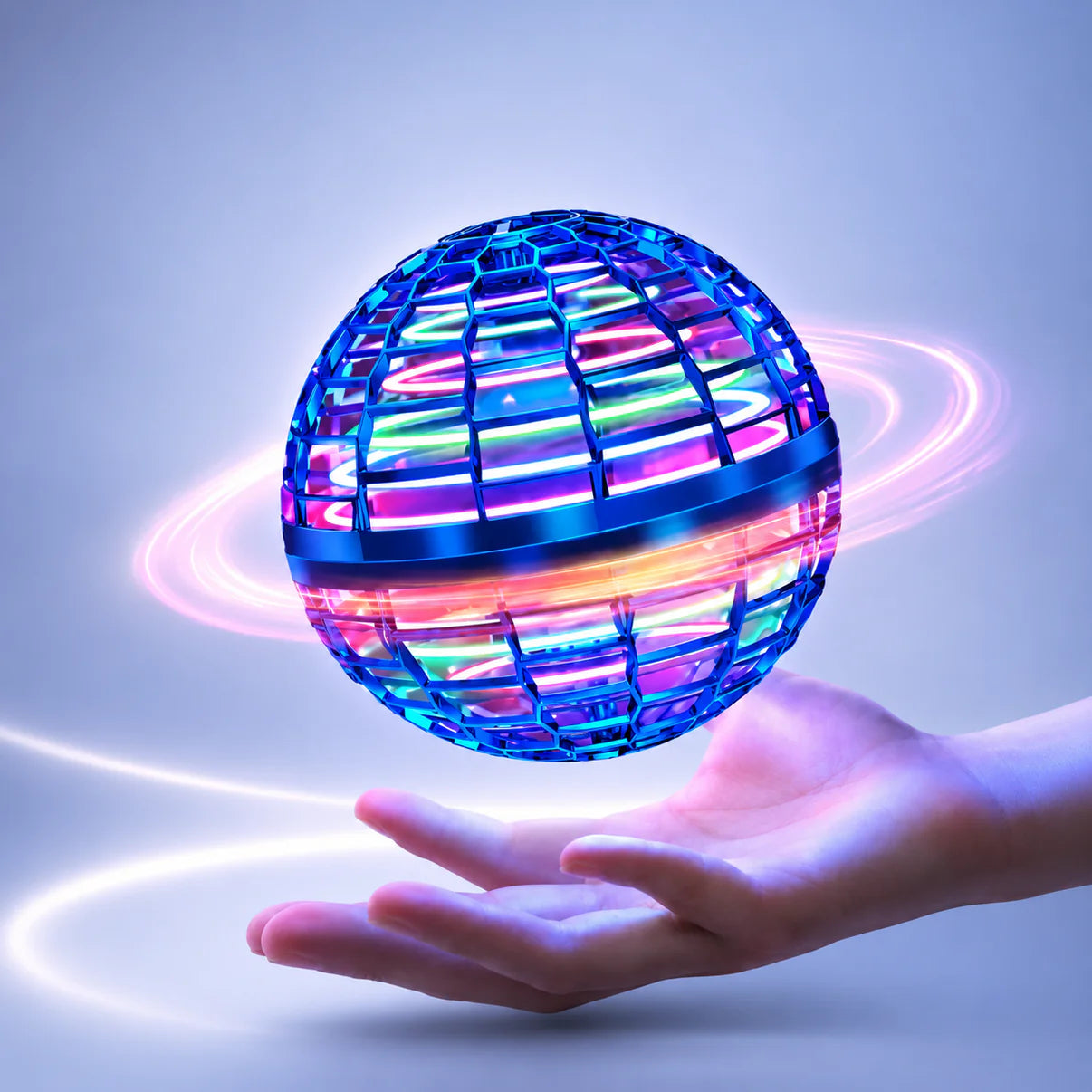 Blue LED orb drone floating above a hand, with multicolor light strips around the cage