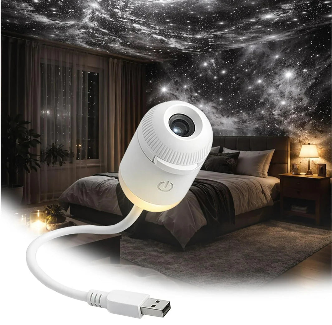 White 2-in-1 galaxy projector night light with starry sky lens and USB cable
