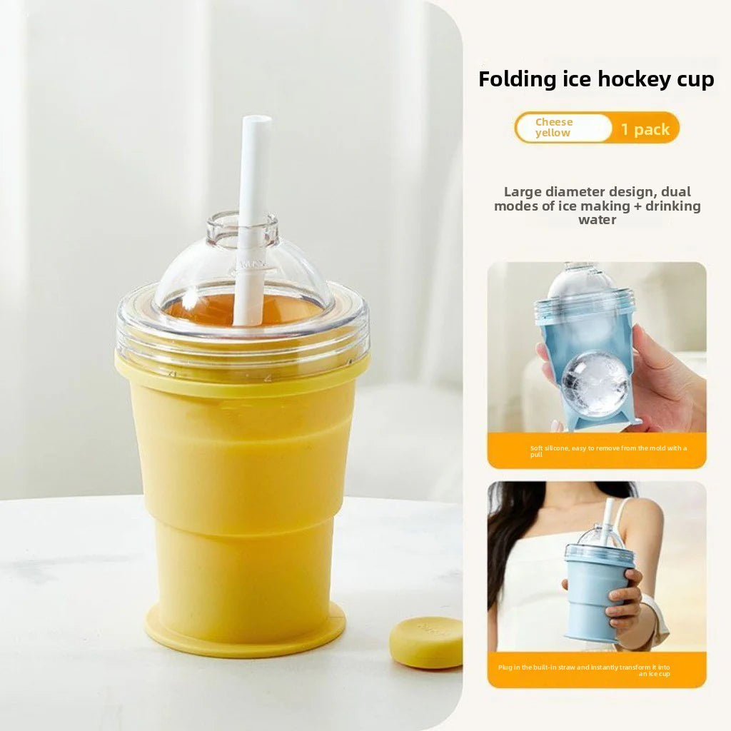 2-in-1 collapsible silicone ice cup with ice ball maker, yellow