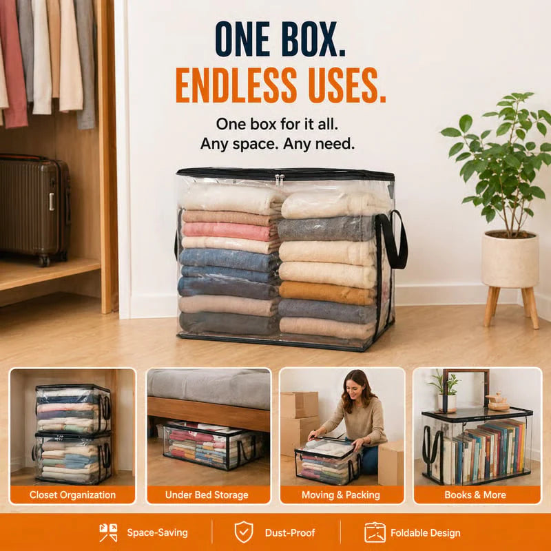 Foldable clear storage box with black handles, filled with stacked folded clothes