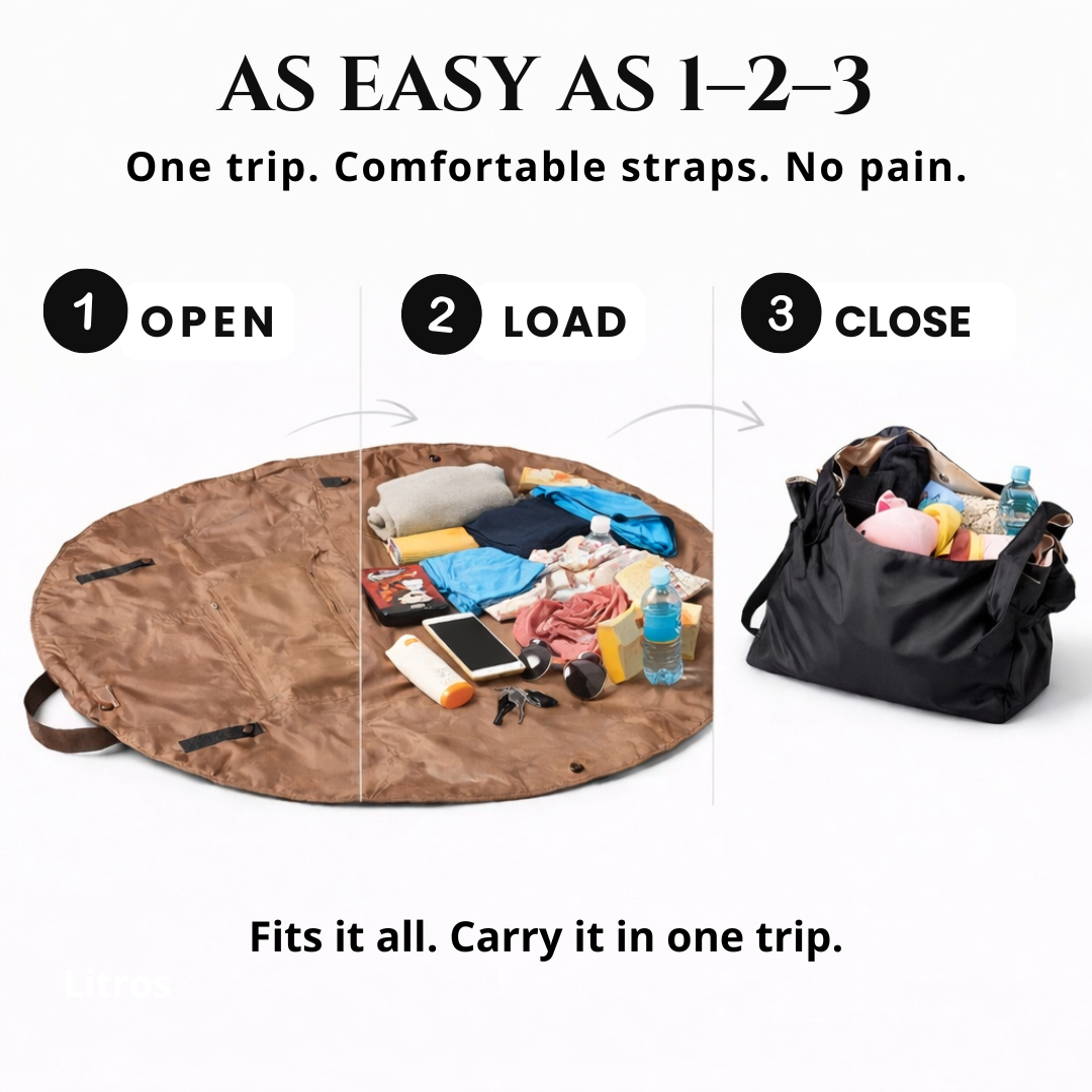 Brown foldable travel organizer bag opened flat with internal compartments