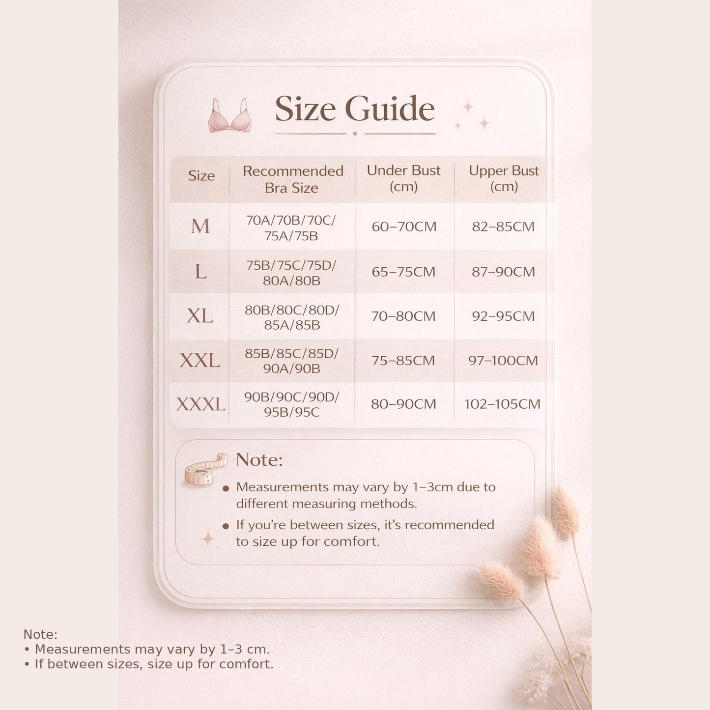 Bra size guide chart with recommended sizes and under-bust/upper-bust (cm).