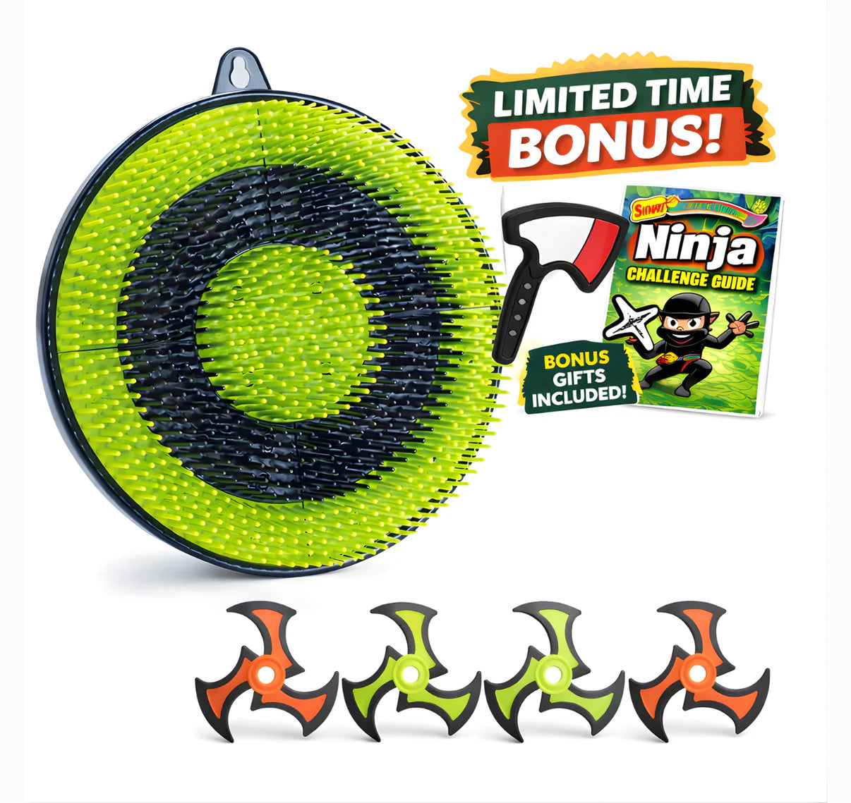 Throwing game set with neon target disk and four star-shaped throwing knives