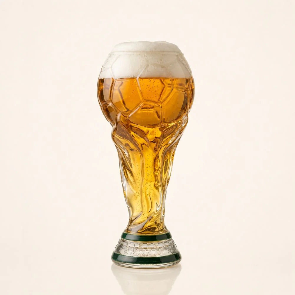 Crystal trophy glass with amber drink, soccer-ball pattern, dark green base band