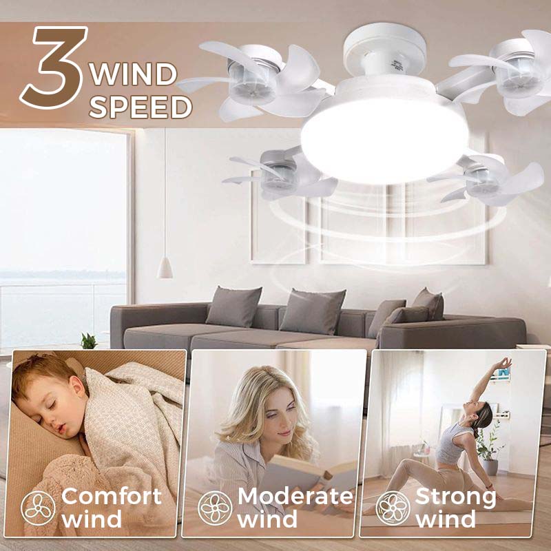 E27 LED ceiling fan light with airflow arrows and three wind speed level indicators