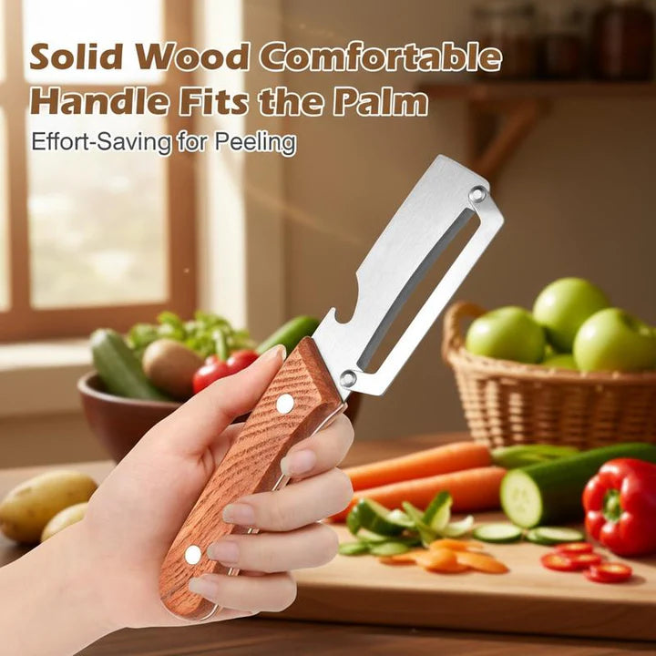 Vegetable peeler with stainless-steel blade and wooden handle held over mixed vegetables