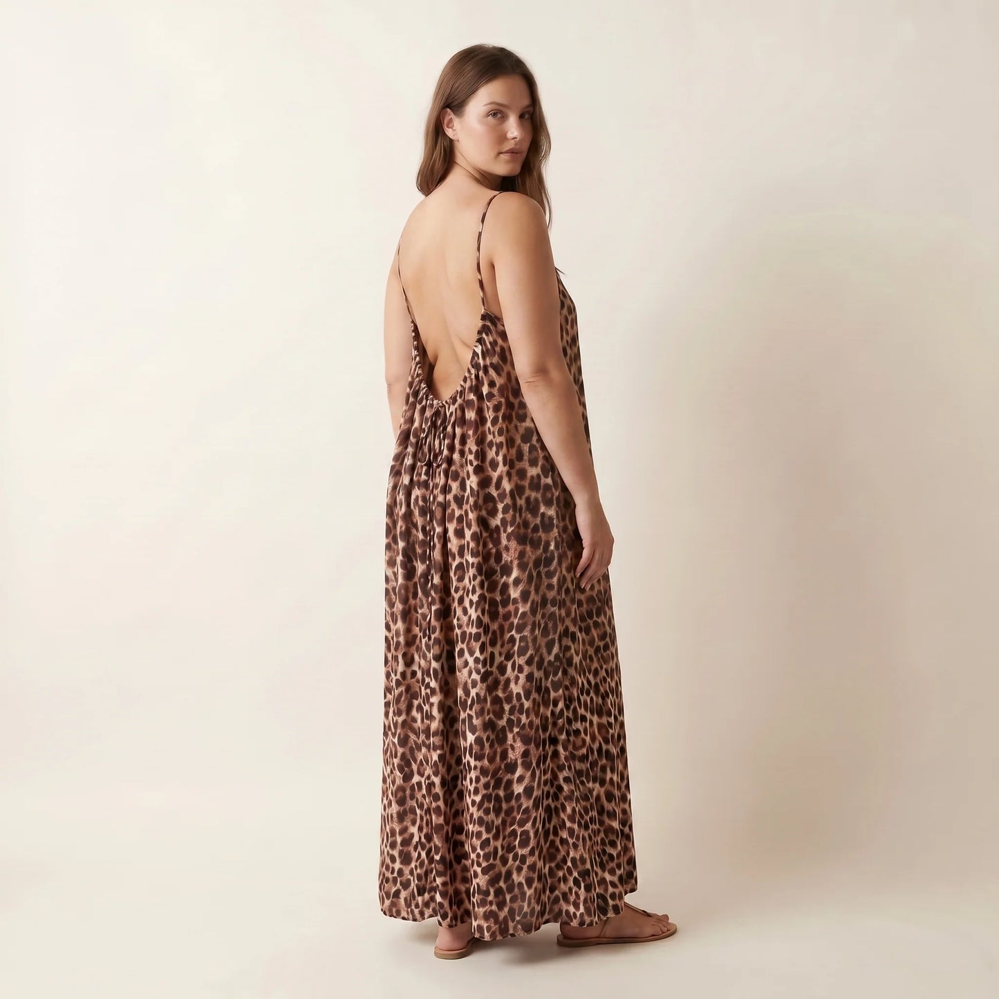 Brown leopard print maxi dress, low backless back, spaghetti straps