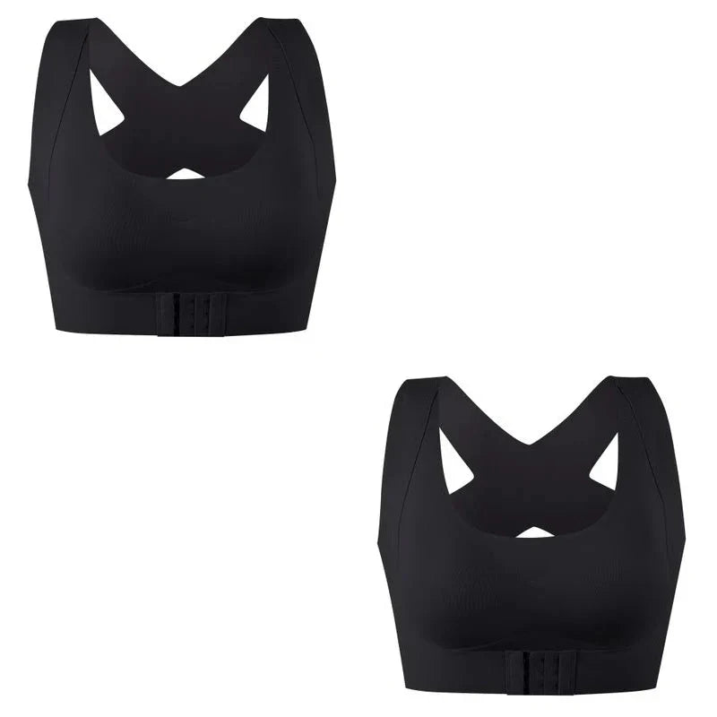 Black posture-correcting bra, V-neck front, front and side views.