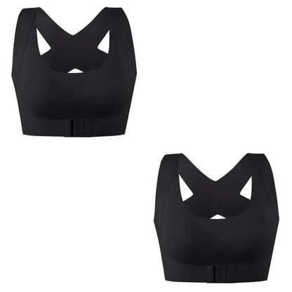 Black posture-correcting bra, V-neck front, front and side views.