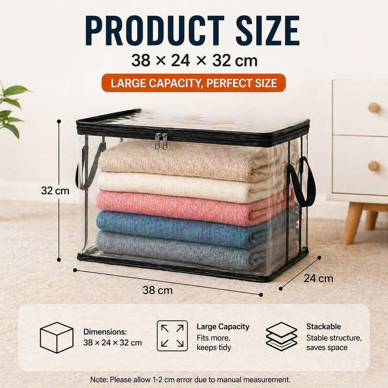 Large clear plastic storage box with hinged lid, size 38 x 24 x 32 cm