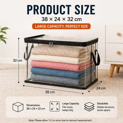 Large clear plastic storage box with hinged lid, size 38 x 24 x 32 cm