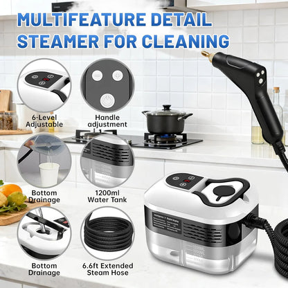 Pressurized steam cleaner with control panel, water tank, and extended steam hose