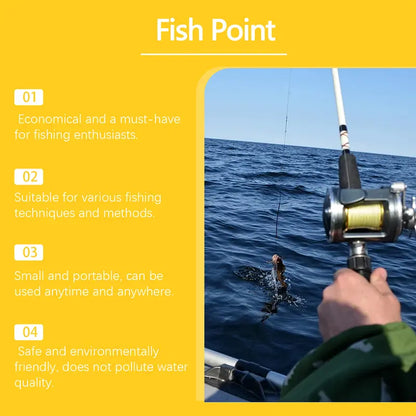 Fishing rod and reel over water with product benefit panel for anglers