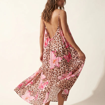 Pink floral leopard maxi dress, low backless back, spaghetti straps
