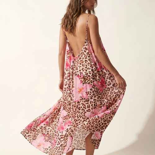 Pink floral leopard maxi dress, low backless back, spaghetti straps