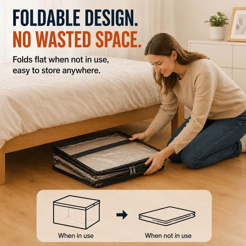 Foldable transparent storage box folded flat, black frame and clear sides