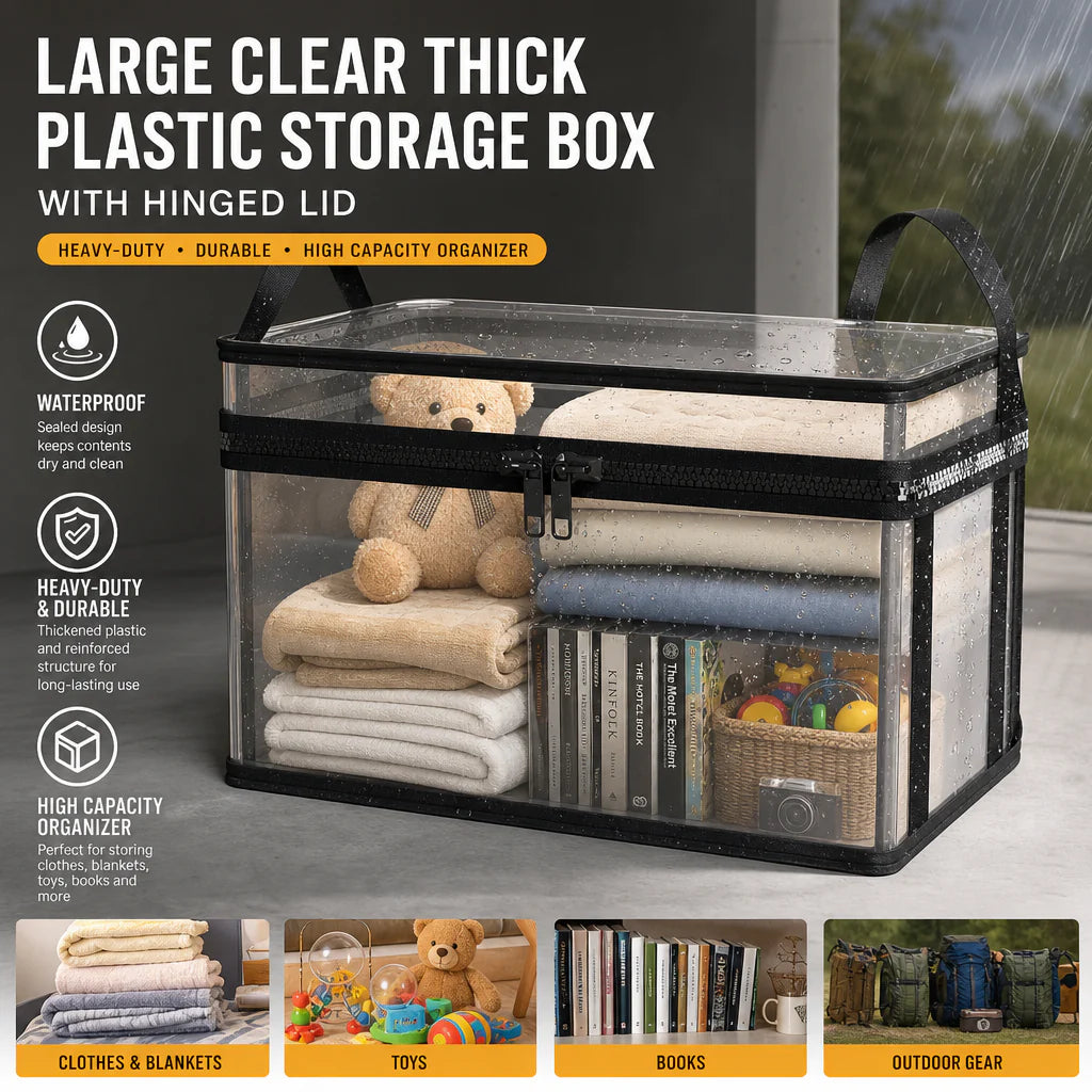 Large clear plastic storage box with hinged lid and black trim, filled with folded items