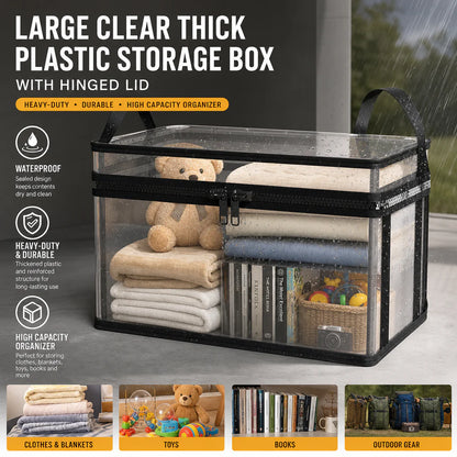 Large clear plastic storage box with hinged lid and black trim, filled with folded items