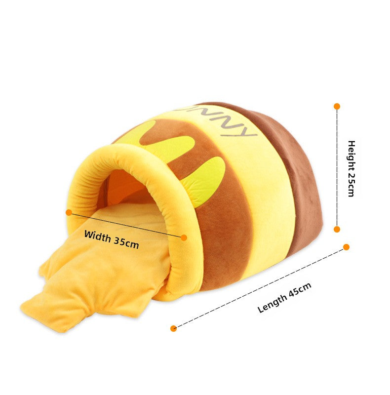 Yellow and brown plush cat nest bed with tunnel opening and measurement diagram